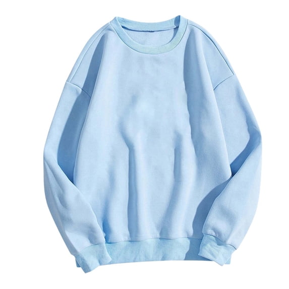 Hueook Womens Sweatshirts No Hood Crew Neck Long Sleeve Solid Color Casual Pullover Top Basic Sweatshirt Light Blue XL