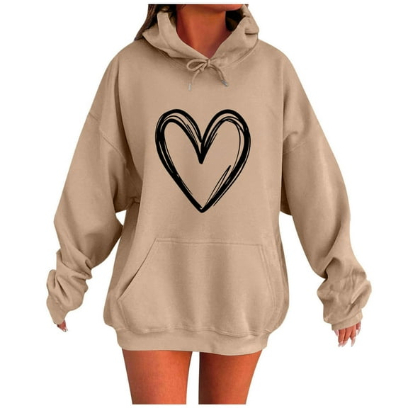 Hueook Womens Sweatshirts Women's Fashion Casual Ladies Printed Long Sleeve Tops Blouse Hooded Sweatshirts Khaki L