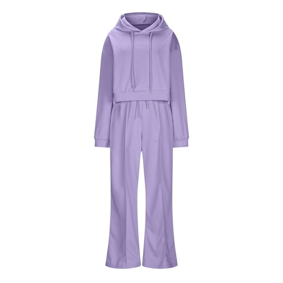 Hueook Womens Sweatsuits 2 Piece Set Women' Fall And Winter Casual Solid Color Fashionable Hooded Fake Two-Piece Wide Leg Pants Set Suit Purple M