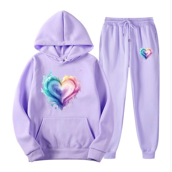 Hueook Womens Sweatsuits 2 Piece Set Women's Casual Printed Pocket Hoodie with Long Sleeves and Pants Set Purple XL