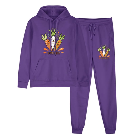 Hueook Womens Sweatsuits 2 Piece Set Women's Easter Print Athleisure Coat Trousers Hooded Hoodie Top Trousers Set Long-sleeved Hooded Suit Purple M