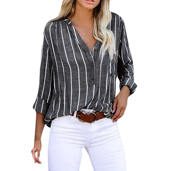 Hueook Womens T Shirts Plaid Women's Tops Striped Printed Breasted Long Sleeve Shirt Blouse Tops Gray XL