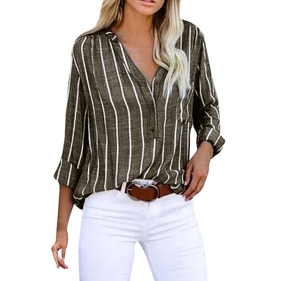 Hueook Womens T Shirts Plaid Women's Tops Striped Printed Breasted Long Sleeve Shirt Blouse Tops Khaki 3X