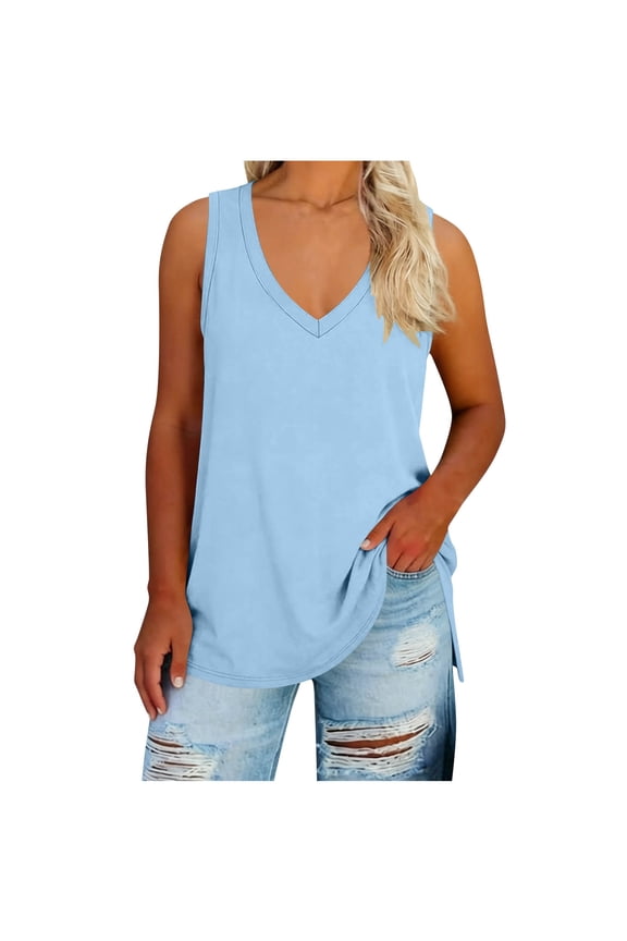 Womens Tank Tops Loose Tunic Tops Beach Outfits Women's V-neck Plus Size Fashionable Loose and Comfortable Casual Top T-shirt Light Blue 2X