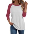 thumbnail image 1 of Hueook Womens Tops Button Down Women's Round Neck 3/4 Sleeve Raglan Sleeve Color Blocked T-shirt Top Red L, 1 of 4