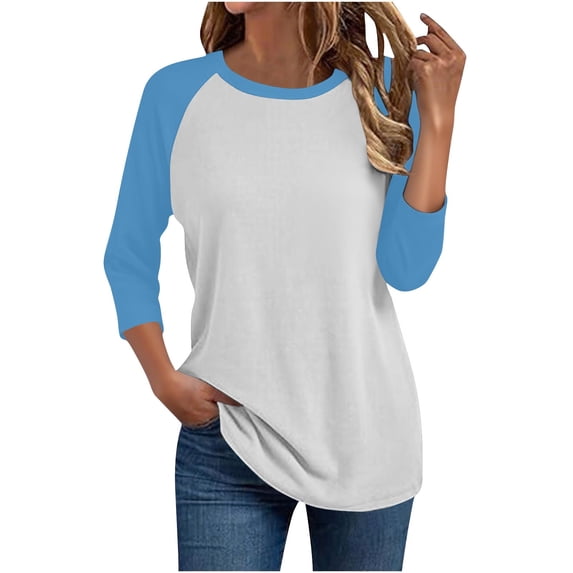 Hueook Womens Tops Button Down Women's Round Neck 3/4 Sleeve Raglan Sleeve Color Blocked T-shirt Top Sky Blue L