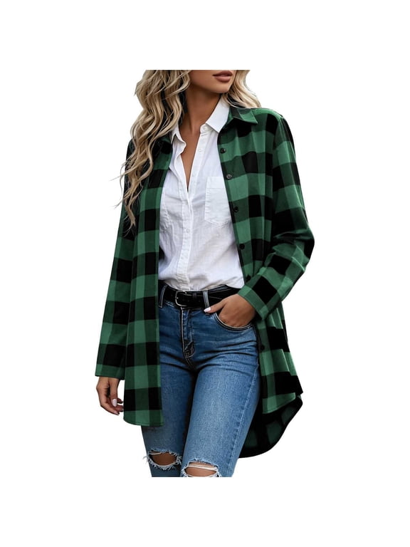 Womens Tops Striped Button Up Shirt Plaid Shackets Business Checkered Ladies Fashionable Comfortable and Casual LooseLong Sleeved Jacket Lapel Top Green 2X