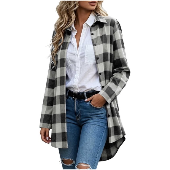 Hueook Womens Tops Striped Button Up Shirt Plaid Shackets Business Checkered Ladies Fashionable Comfortable and Casual LooseLong Sleeved Jacket Lapel Top Gray M
