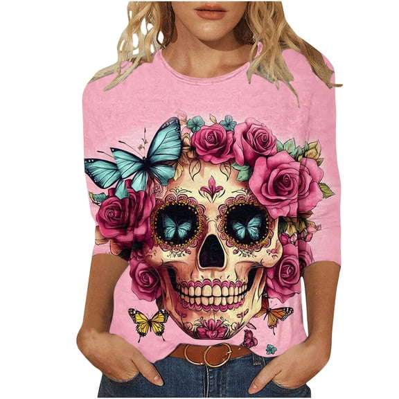 Hueook Womens Tops Workout Shirts Women Ladies' Day Of The Dead Printed Round Neck Three Quarter Sleeve 3/4 Sleeve T-shirt Loose Top Long Sleeved Round Neck Top/shirt Multicolor XL