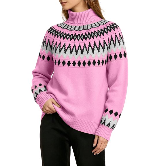 Hueook Womens Turtleneck Sweater Fair Isle Pattern Knit Long Sleeve Pullover Casual Chunky Warm Winter Holiday Pink 2X