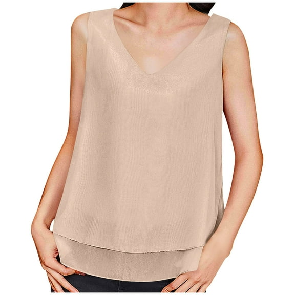 Hueook Womens Vest Women's Summer Casual and Fashionable Solid V Neck Sleeveless Tank Beige XL