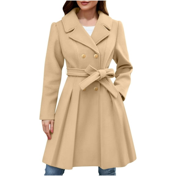 Hueook Womens Winter Coat Women's Winter Double Breasted Buttoned A-Line Pleated Wool Coat Khaki M