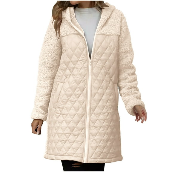 Hueook Womens Winter Coats Ladies' Trendy Solid Color Zipper Hooded Loose Medium Long Plush Jacket Beige M