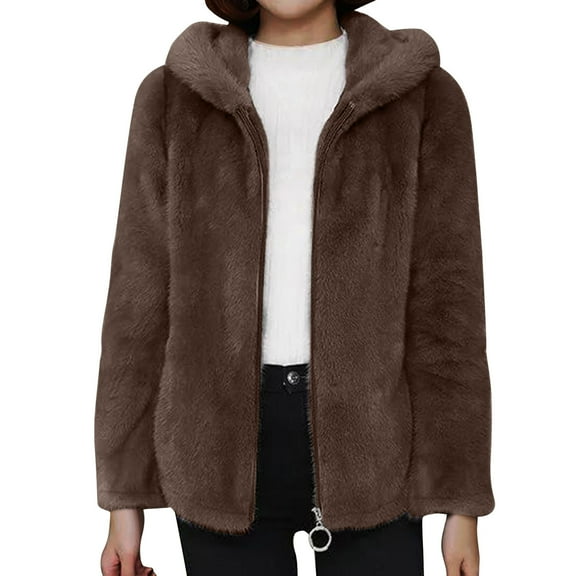Hueook Womens Winter Coats Long Coat Women Women's Thick Fleece Hooded Fleece Imitation Lamb Jacket Long Sleeved Hooded Casual Jacket Brown XL
