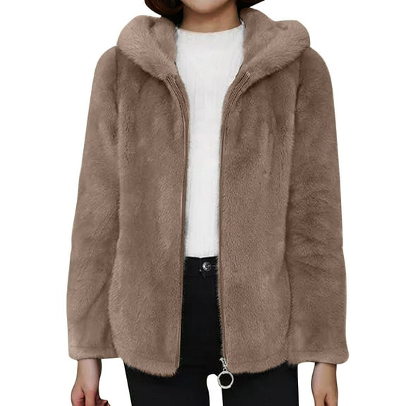 Hueook Womens Winter Coats Long Coat Women Women's Thick Fleece Hooded Fleece Imitation Lamb Jacket Long Sleeved Hooded Casual Jacket Coffee 5X
