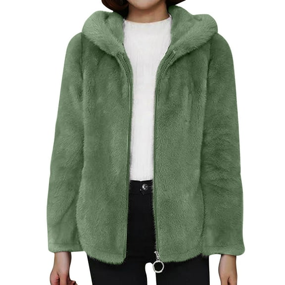Hueook Womens Winter Coats Long Coat Women Women's Thick Fleece Hooded Fleece Imitation Lamb Jacket Long Sleeved Hooded Casual Jacket Green 2X