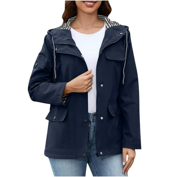 Hueook Womens Winter Coats Puffer Hooded Jackets Women's Long Sleeved Hooded Casual Multi Pocket Trench Coat/jacket Navy 2X