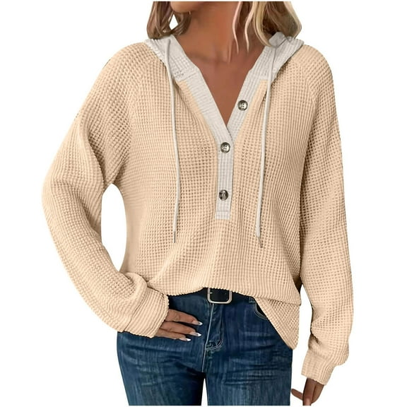 Hueook Womens Winter Coats Puffer Hooded Jackets Women's Long Sleeved Pullover Hooded Color Blocked Jacket Top Beige L