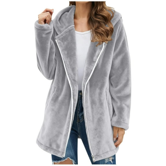 Hueook Womens Winter Coats Women's Fashion Solid Color Daily Fleece Warm Long Sleeve Zipper Long Sleeve Knee Length Hoodie Top Gray L