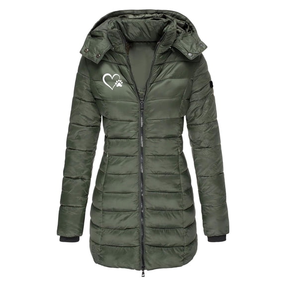 Hueook Womens Winter Coats Women's Long-Sleeved Hooded Mid-Length Fashion Casual Jacket with Small Print Army Green 2X