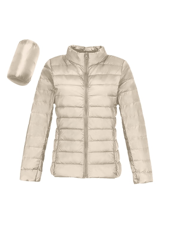 Womens Winter Coats Women's Puffer Jacket Long Sleeve Stand Collar Zip Up Quilted Down Coat Winter with Pockets Beige 4X