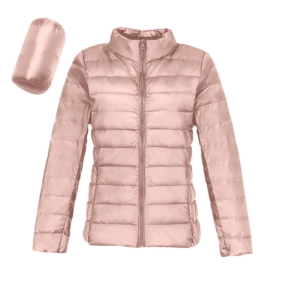 Hueook Womens Winter Coats Women's Puffer Jacket Long Sleeve Stand Collar Zip Up Quilted Down Coat Winter with Pockets Pink L