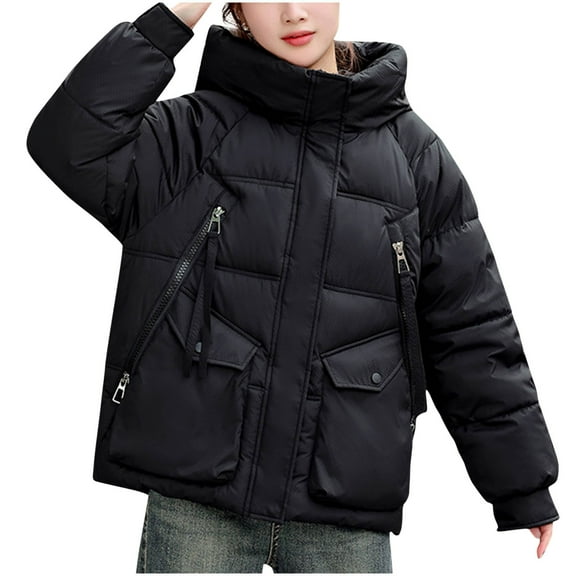 Hueook Womens Winter Coats Women's Solid Color Short Style Loose and Thick Hooded Pocket Zipper Jacket Long Sleeved Jacket Black M