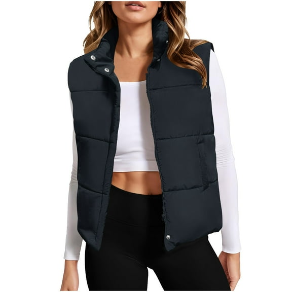 Hueook Womens Winter Jacket Women's Fashion Solid Color Sleeveless Jacket Sleeveless Jacket Black XL