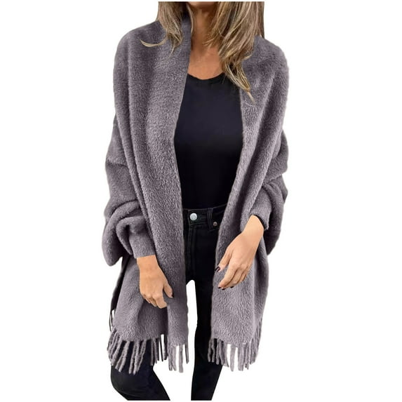 Hueook Womens Winter Jacket Women's Loose Casual Solid Color Shawl Jacket with Plush Tassel for and Winter Cardigan Gray 3X