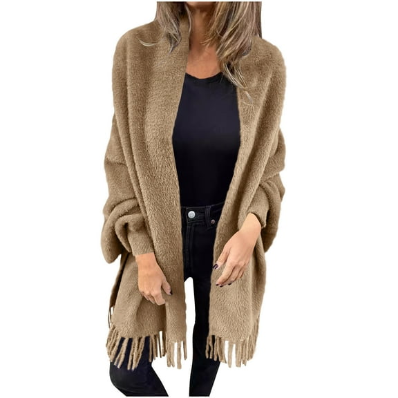 Hueook Womens Winter Jacket Women's Loose Casual Solid Color Shawl Jacket with Plush Tassel for and Winter Cardigan Khaki 3X