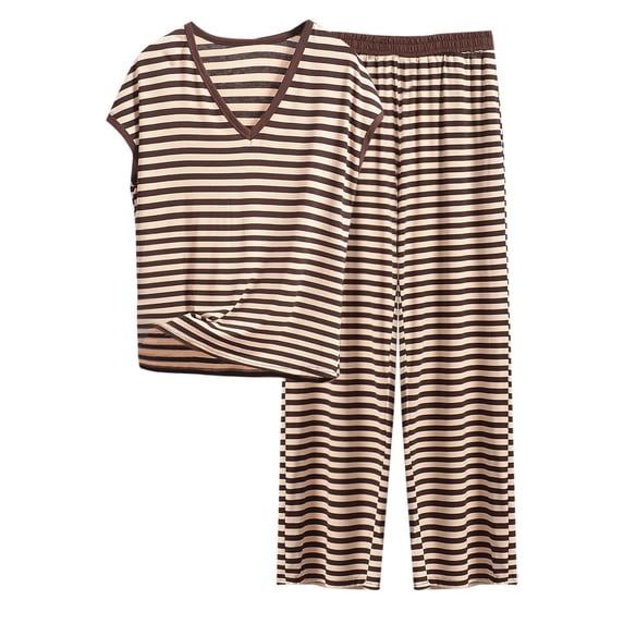 Hueook Womens Winter Pajamas Women's V-Neck Sleeveless Loose T-shirt Loose Pants Home Wear Two-Piece Pajama Sets Khaki 5X