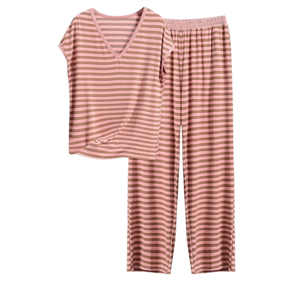 Hueook Womens Winter Pajamas Women's V-Neck Sleeveless Loose T-shirt Loose Pants Home Wear Two-Piece Pajama Sets Pink 2X