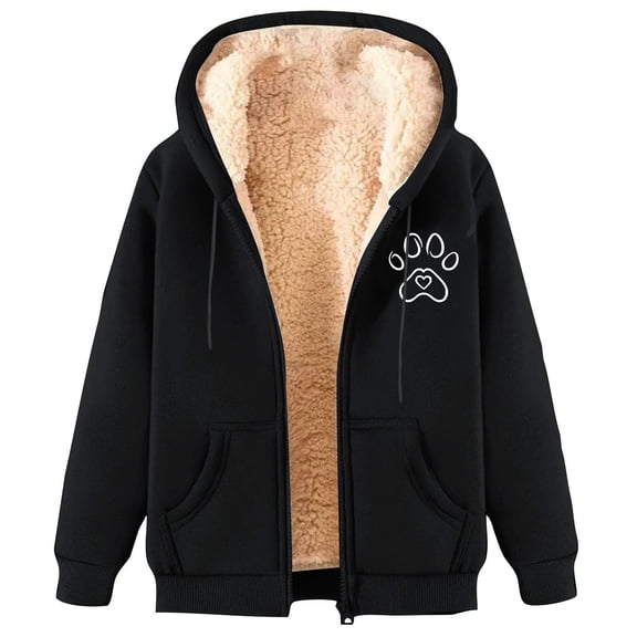 Hueook Wool Coats for Women Fashionable Printed Fleece Hooded Sweatshirt Jacket Black 2X