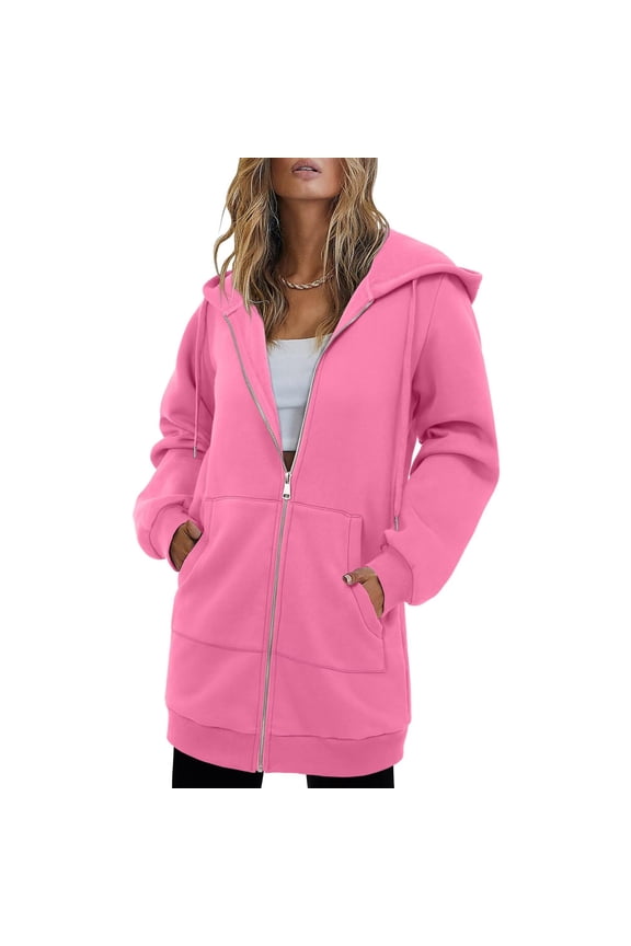 Wool Coats for Women Solid Color Long Sleeved Zipper Cardigan Pocket Sweatshirt Jacket Top Pink L