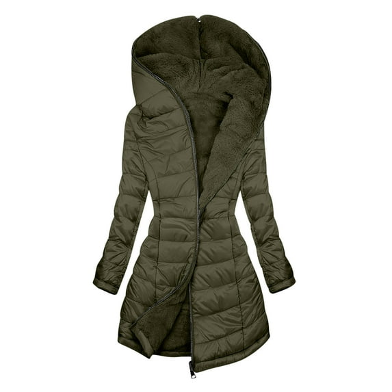 Hueook Wool Coats for Women Solid Color Long-sleeved Hooded Fashion-padded Jacket Green 2X