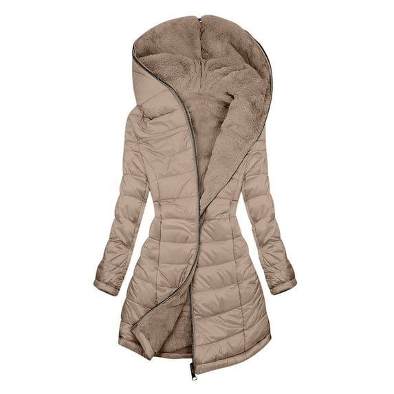 Hueook Wool Coats for Women Solid Color Long-sleeved Hooded Fashion-padded Jacket Khaki L