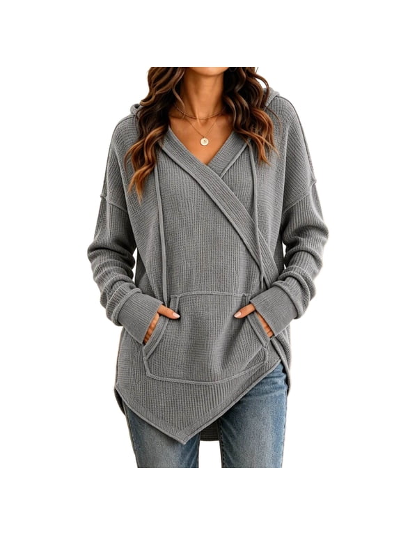 Wrap Surplice V Neck Tops for Women Long Sleeve Casual Blouses Ruched Side Dressy Shirts Elegant Basic Fall Blouses Gray M