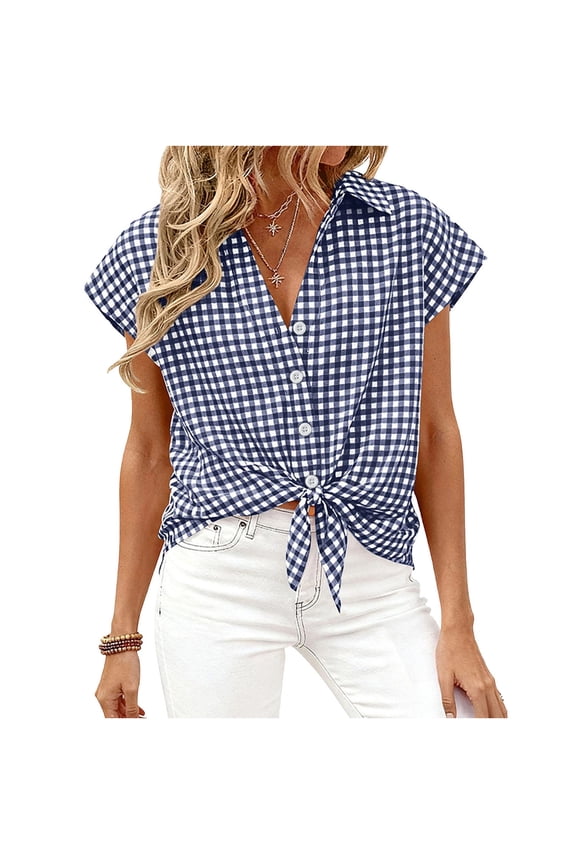Y2k Button Down Shirt Plaid Tops Gingham Women's Short Sleeve Printed Button Turndown Collar T-Shirt Blouse Top Navy S