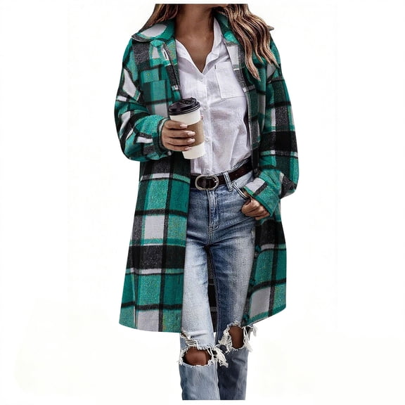 Hueook Y2k Tops Women Autunm and Winter Plaid Printed Long Sleeve Turn-down Collar Suit Cardigan Woolen Coat Tops Jackets Windbreaker Outerwear with Pocket Green M
