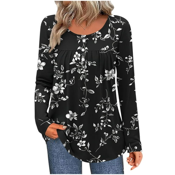 Hueook Y2k Tops Women's Loose Printing Casual Round Neck Long Sleeve Button Loose T-shirt Top Black S