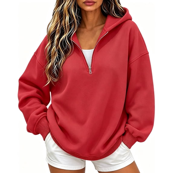 Hueook Zip Up Hoodie Women 1/4 Zip Half Neck Long Sleeve Casual Sweatshirt with Pockets Red M