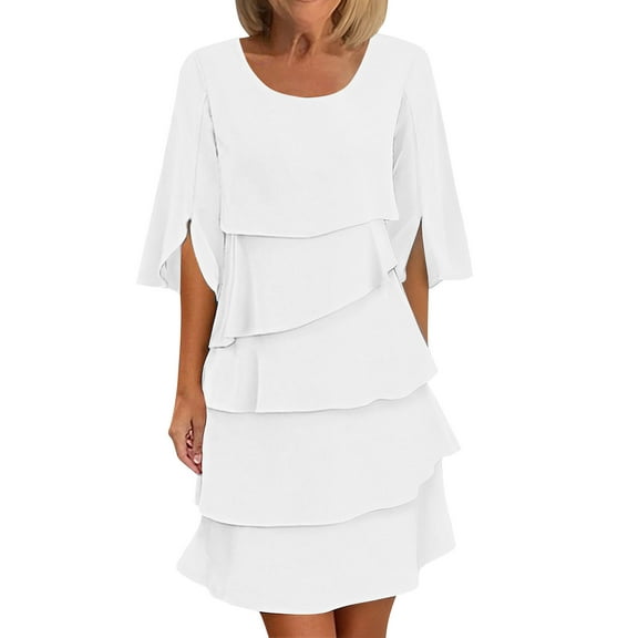 Hueook formal Dresses for Women Maxi Dresses Women's 3/4 Sleeve Casual Solid Color Ayered Cake Skirt Round Neck Dresses White L