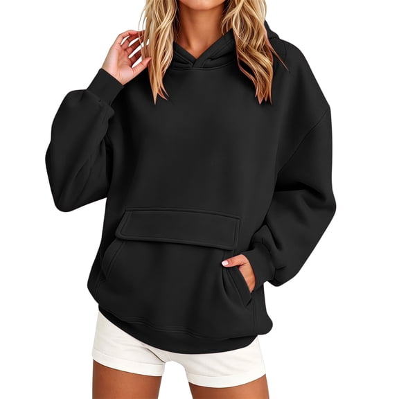 Hueoook Hoodies for Women Trendy Plus Size Crew Neck Casual Loose Long Sleeve Hooded Pullover Sweatshirt Black S