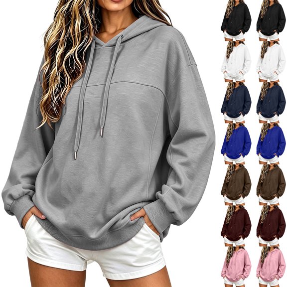Hueoook Plus Size Hoodies for Women Trendy Fall Sweatshirts Trendy Casual Hooded Drawstring Long Sleeve Sweatshirt Top Pink 2X