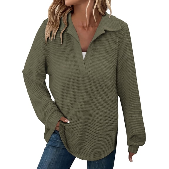 Hueoook Womens Hoodies Pullover Trendy Crew Neck Long Sleeve Knit Tops Fall Winter V Neck Casual Trendy Shirts Army Green S