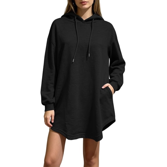 Hueoook Womens Hoodies Pullover Trendy Crew Neck Loose Plus Pocket Long Sleeve Hooded Curved Hem Home Casual Hoodie Dress Black 2X