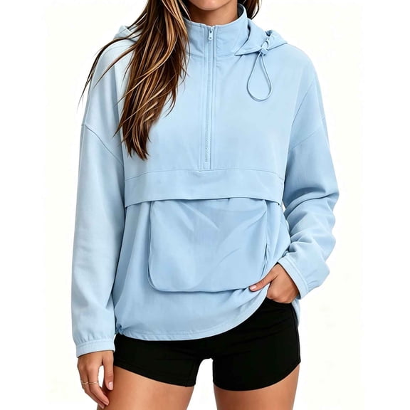 Hueoook Zip Up Fleece Hoodie Women Pullover Half Zip Hooded Anorak Jacket Long Sleeve Oversized Pullover Windbreaker with Big Kangaroo Pocket Drawstring Hem Casual Top Blue 3X