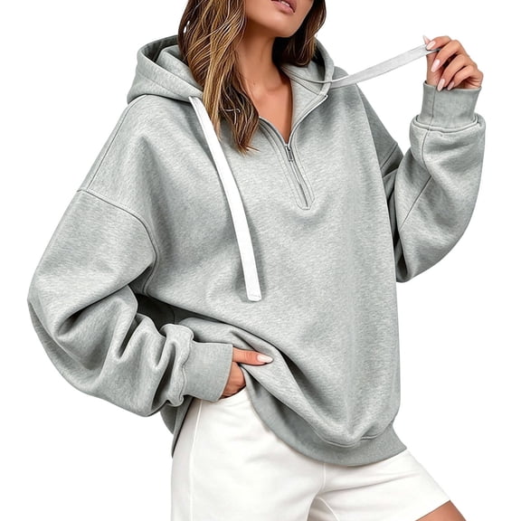 Hueoook Zip Up Cute Hoodies for Women Pullover Oversized Half Zip Hoodie Long Sleeve Drawstring Pullover Side Split Loose Casual Fall Gray S