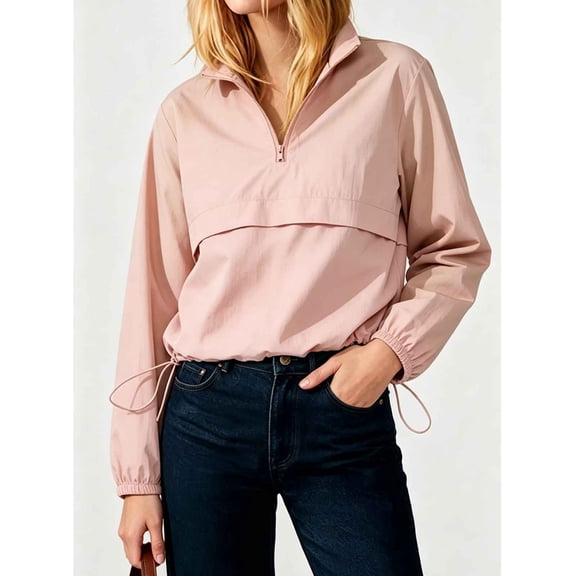 Hueoook Zip Up Womens Hoodies Pullover Trendy Half Zip Pullover Windbreaker Jacket Stand Collar Long Sleeve Drawstring Hem Casual Cropped Anorak Top for Daily Outdoor Pink 3X