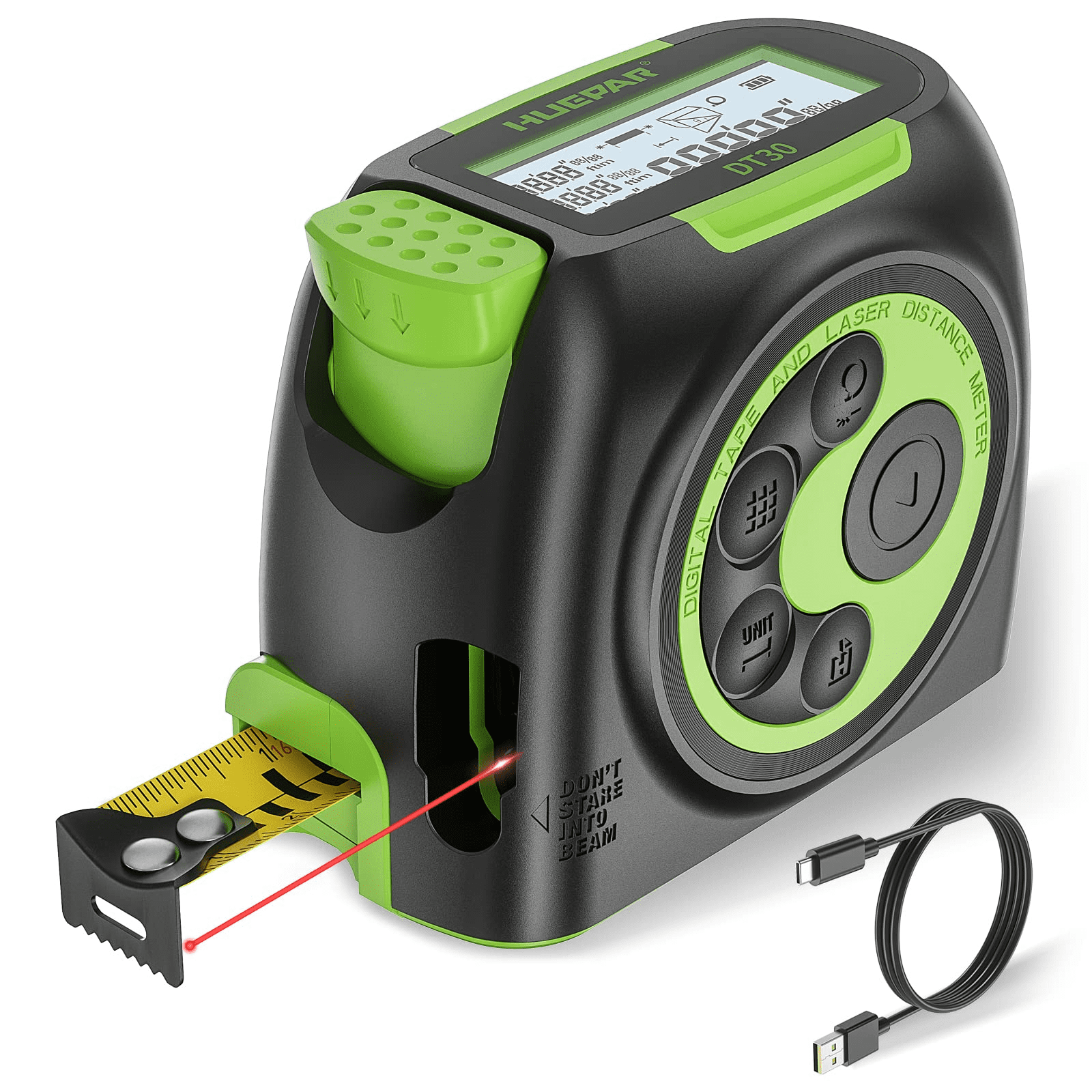Huepar 2-in-1 Laser Tape Measure, 197Ft Rechargeable Laser Measurement Tool & 16Ft Measure Tape with Backlit LCD -Pythagorean, Area, Volume, M/in/Ft Unit Switch Digital Distance Meter
